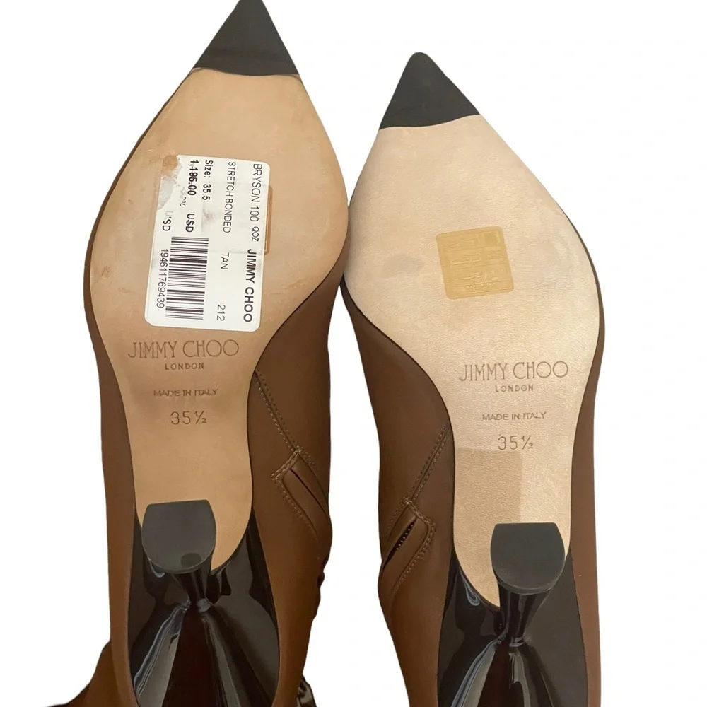 JIMMY CHOO Bryson 100 Tan Stretch Bonded Fabric Over-The-Knee‎ Boots Tan SZ 35.5